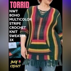 🌻NWT Torrid 3X BOHO CROCHET KNIT Multicolor Stripe V-Neck TUNIC LENGTH SWEATER
